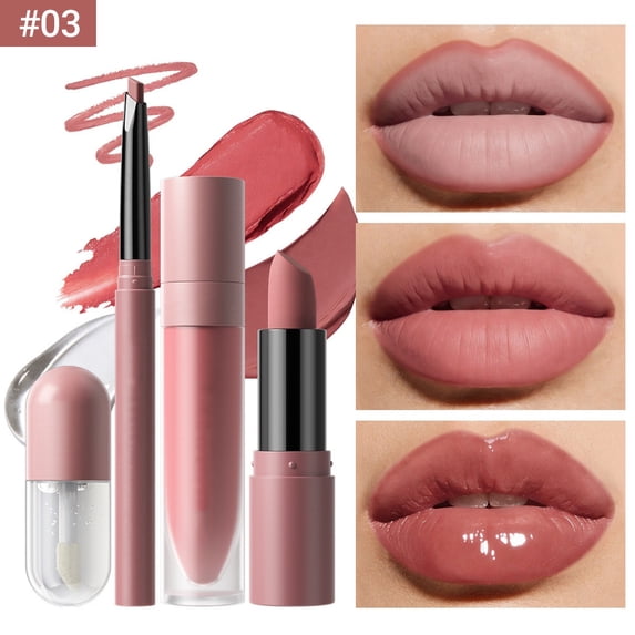 3 In 1 Lipstick Set, Matte Liquid Lipstick Lip Liner and Clear Lip Gloss, Long Lasting Velvet Lip Color Makeup Kit for Smooth Full Lip Look