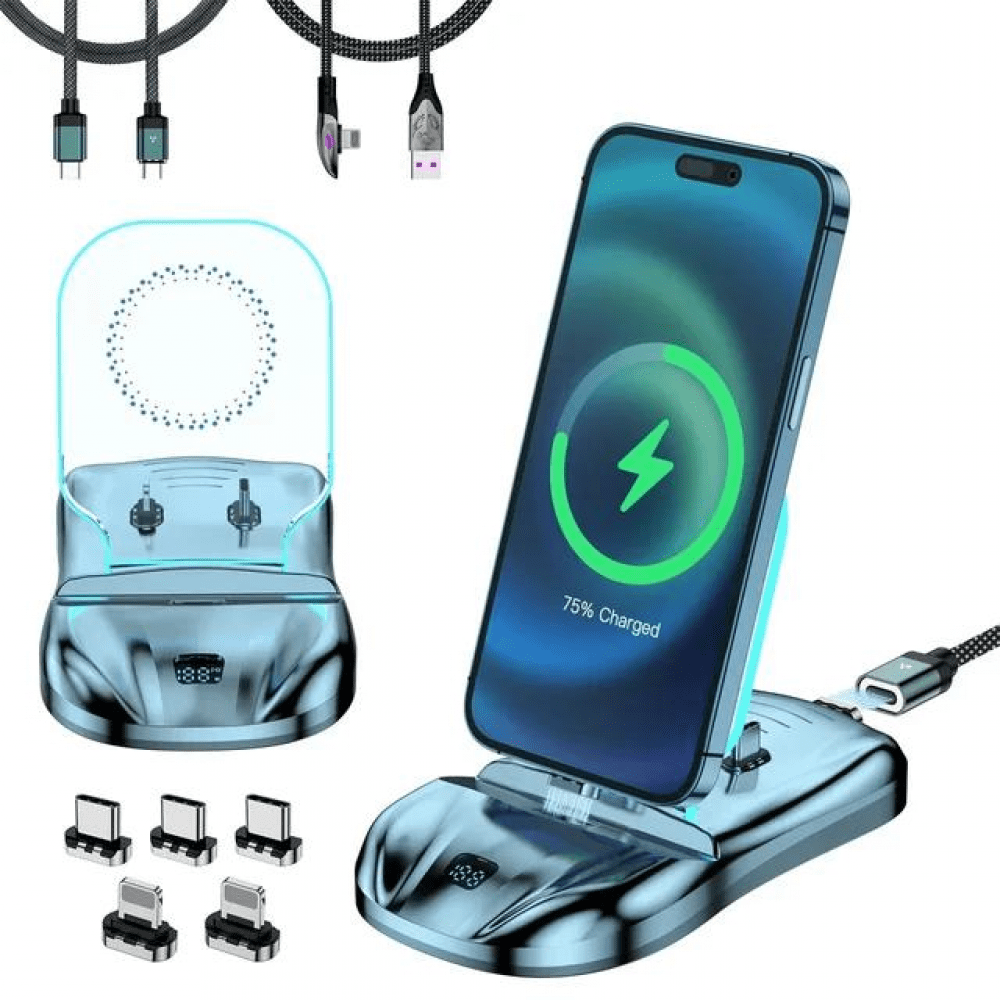 3 In 1 Magnetic Charging Station 100W Fast Charger with USB-C and Cable for iPhone, Phone Stand, Wireless Charging Pad-Blue