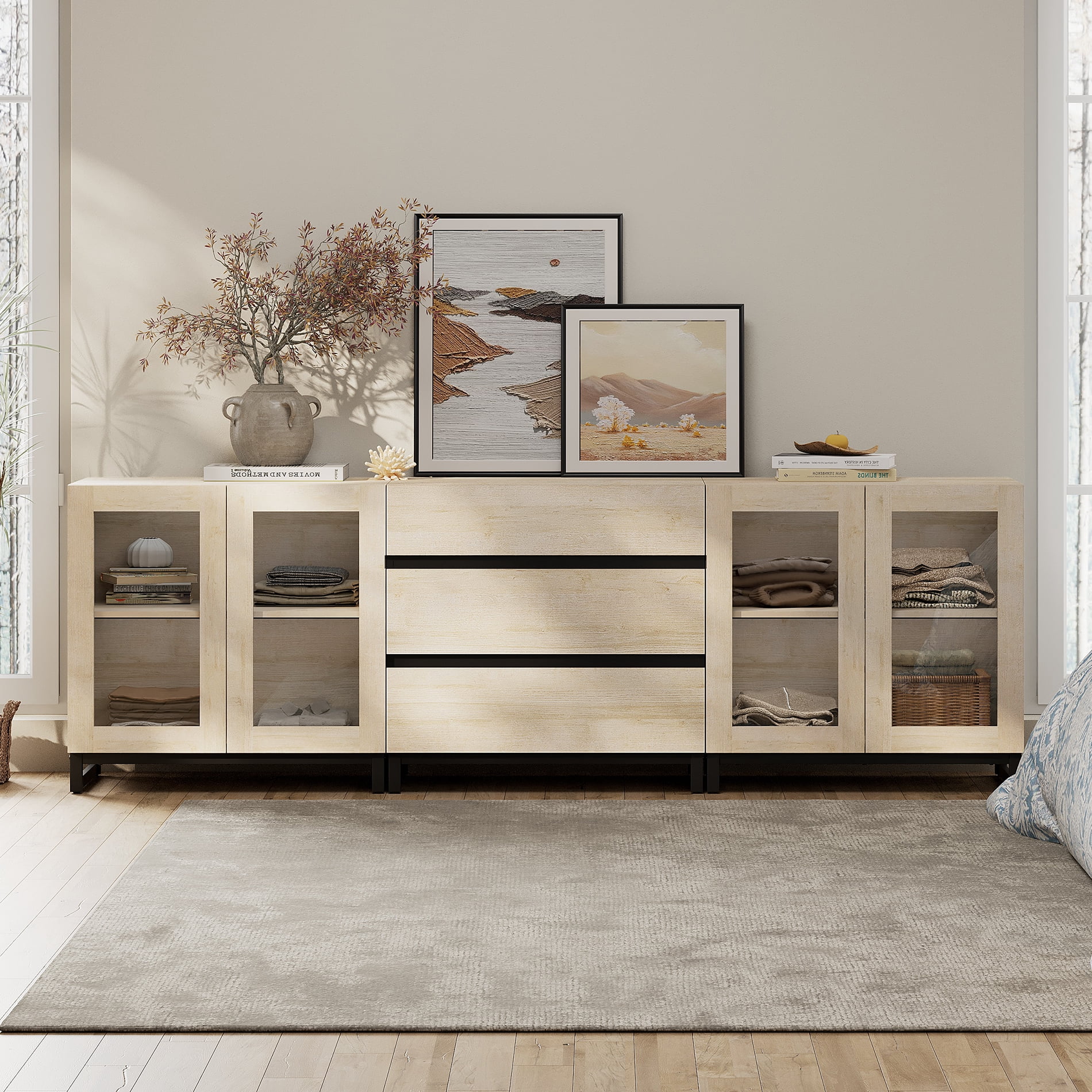 3 In 1 Modern Dresser with Glass Doors & 3 Drawers, Storage Cabinet with Adjustable Shelf, Practical Chest of Drawers for Bedroom,Beige