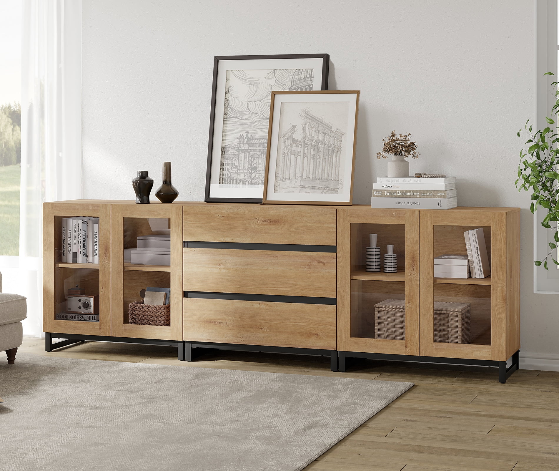 3 In 1 Modern Dresser with Glass Doors & 3 Drawers, Storage Cabinet with Adjustable Shelf, Practical Chest of Drawers for Bedroom,Oak