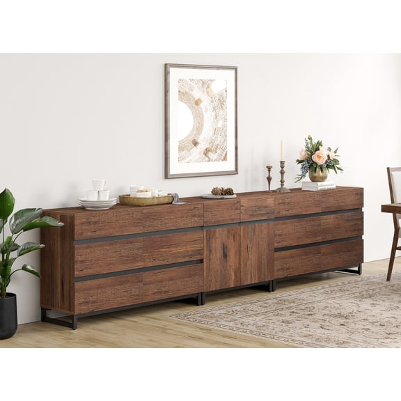 3 In 1 Modern Sideboard With 12 Drawers,Storage Cabinet With Adjustable Shelves, Coffee Bar Cabinet For Living Room, Kitchen,Brown