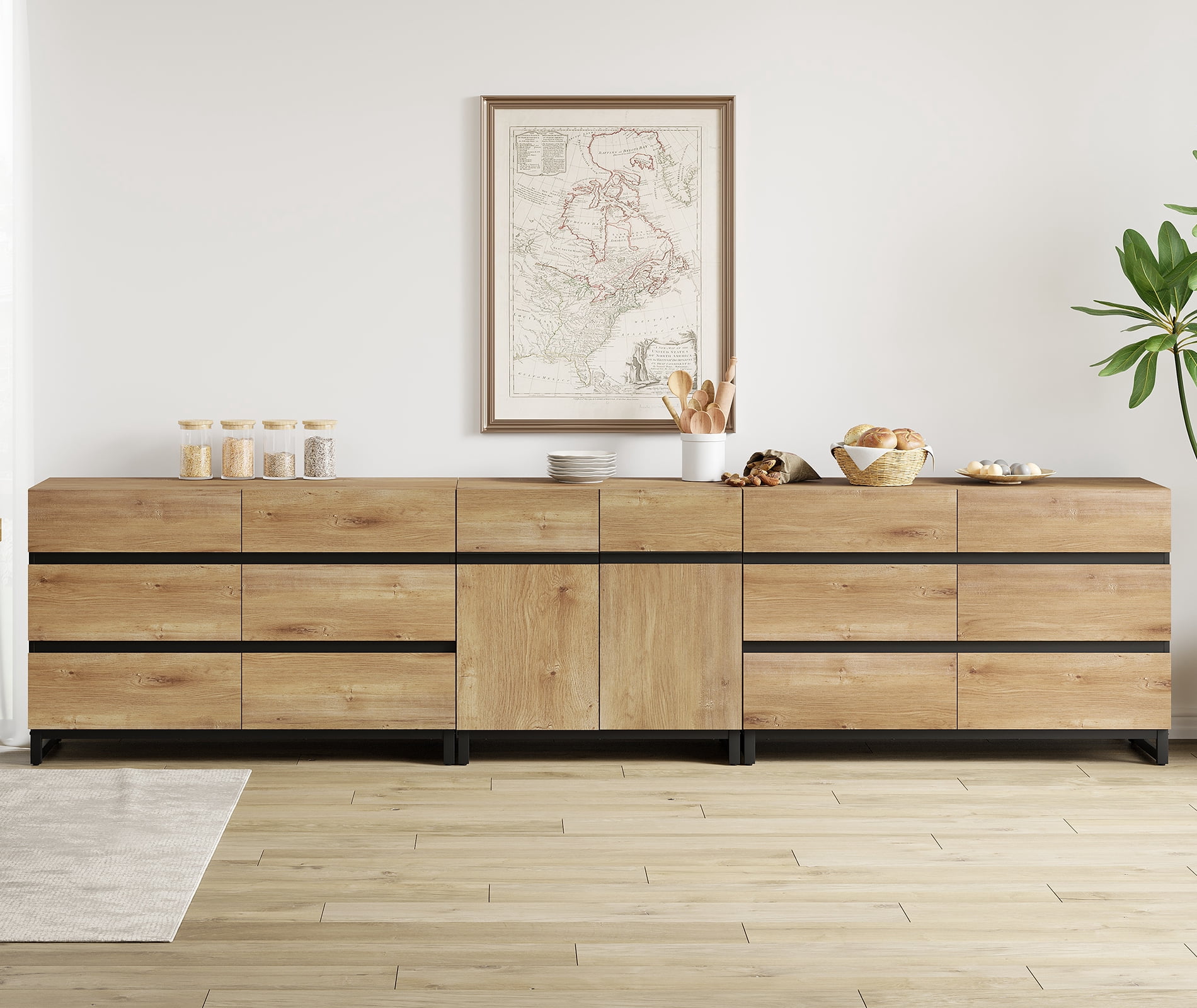 3 In 1 Modern Sideboard With 12 Drawers,Storage Cabinet With Adjustable Shelves, Coffee Bar Cabinet For Living Room, Kitchen,Oak