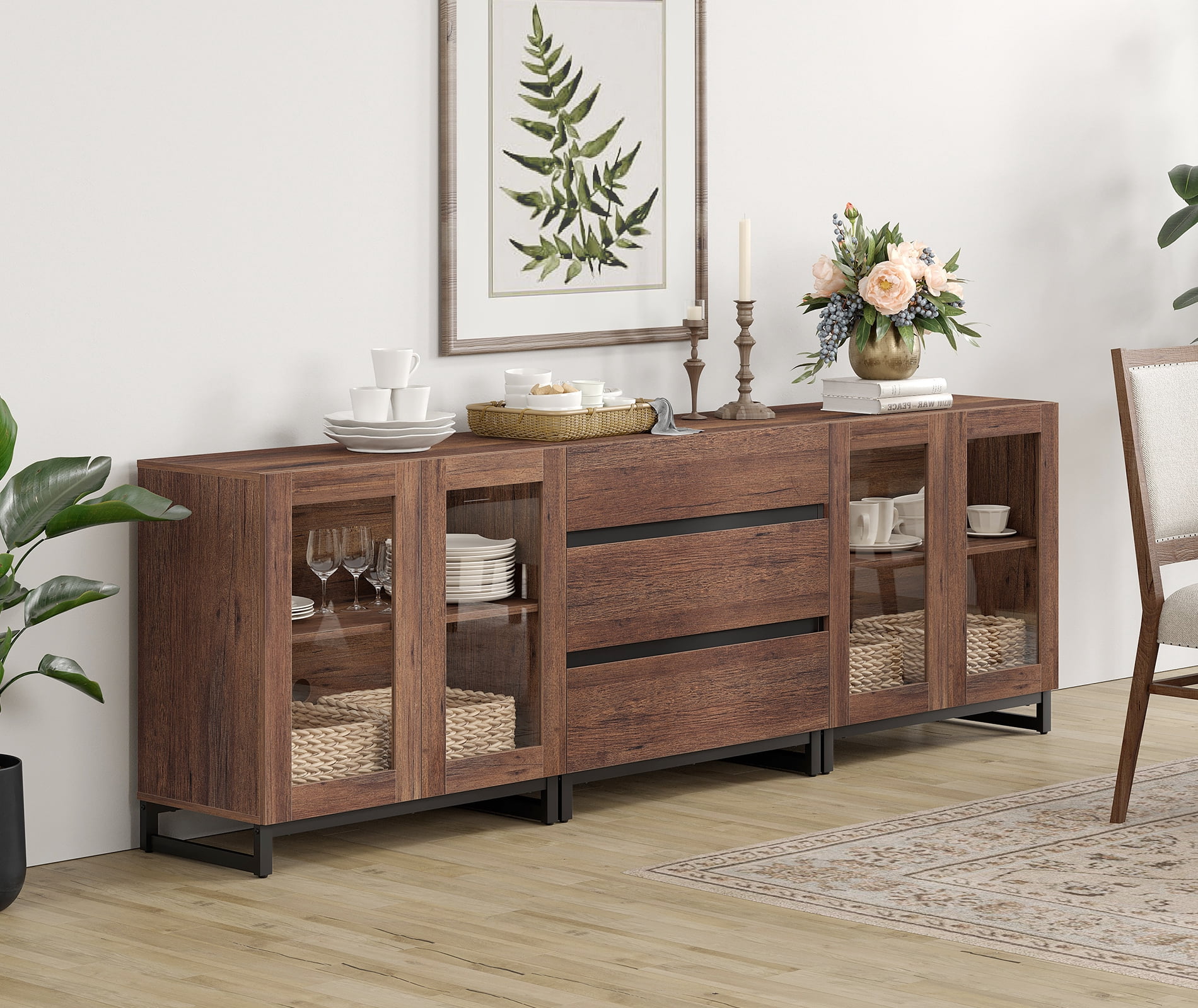 3 In 1 Modern Sideboard With Glass Doors And 3 Drawers,Storage Cabinet With Adjustable Shelves for Living Room, Kitchen,Brown