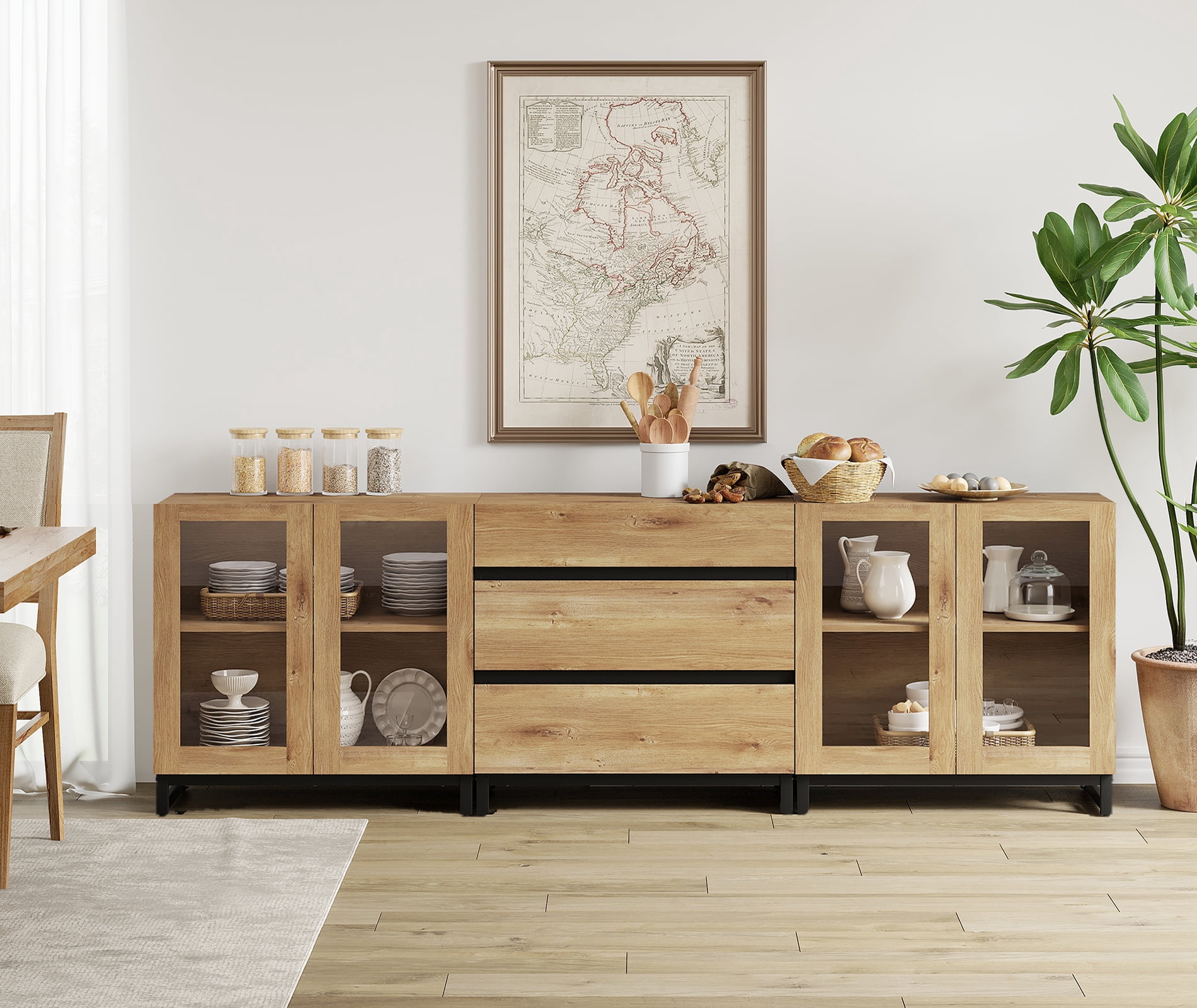 3 In 1 Modern Sideboard With Glass Doors And 3 Drawers,Storage Cabinet With Adjustable Shelves for Living Room, Kitchen,Oak