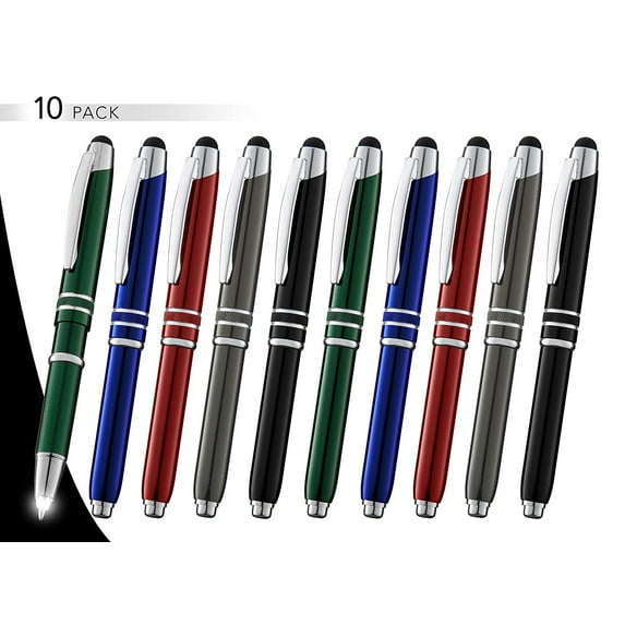 3-In-1 Multi-Function Metal Pen Stylus Capacitive Pen for Touchscreen Devices Tablets,iPads,iPhones,With LED "Night Writer"Dark writing Flashlight,Ballpoint Pen 10 Pack,Red+Black+Blue+Green+Gunmetal