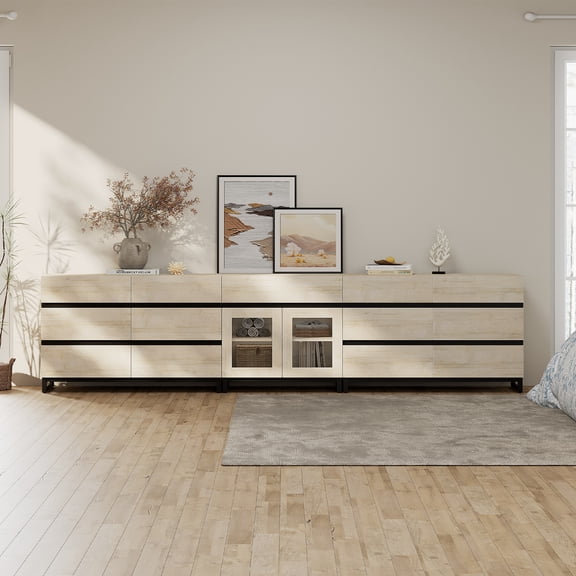 3 In 1 Multifunctional Chest of Drawers, Glass Door Dresser with 13 Drawers and Adjustable Shelves, Home Storage Cabinet Organizer for Bedroom,Beige