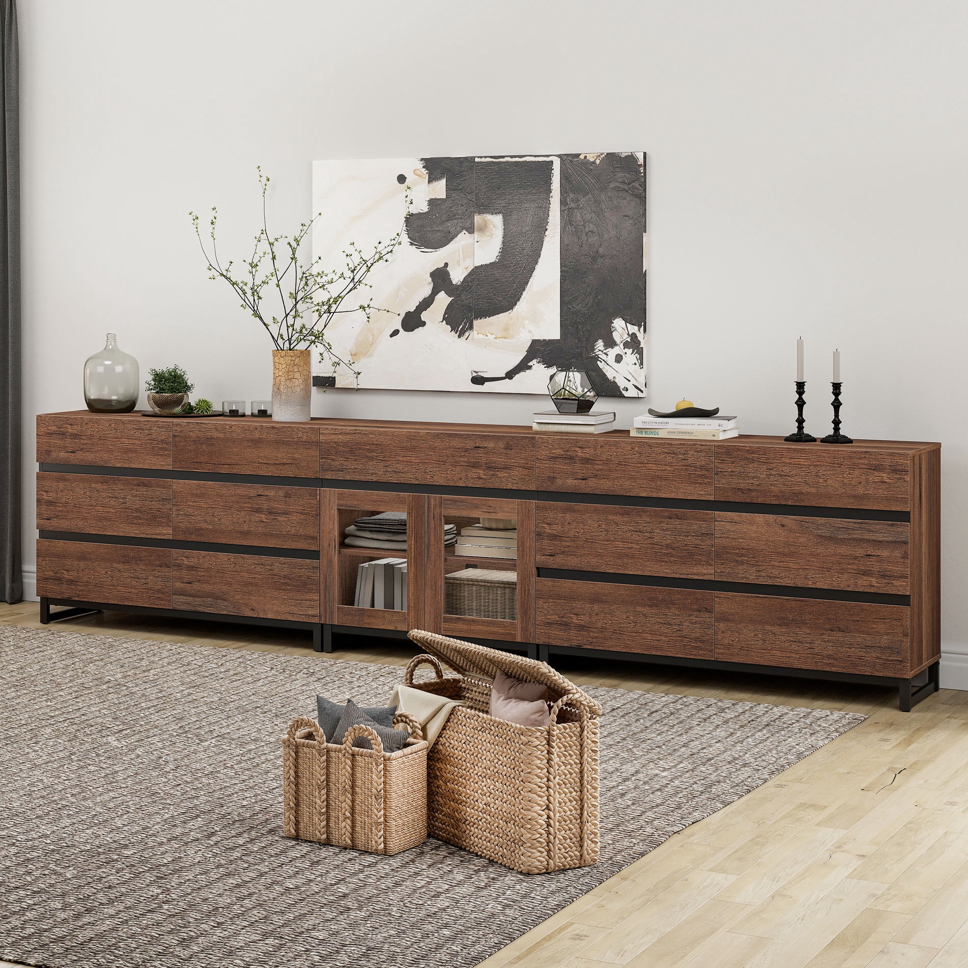 3 In 1 Multifunctional Chest of Drawers, Glass Door Dresser with 13 Drawers and Adjustable Shelves, Home Storage Cabinet Organizer for Bedroom,Brown