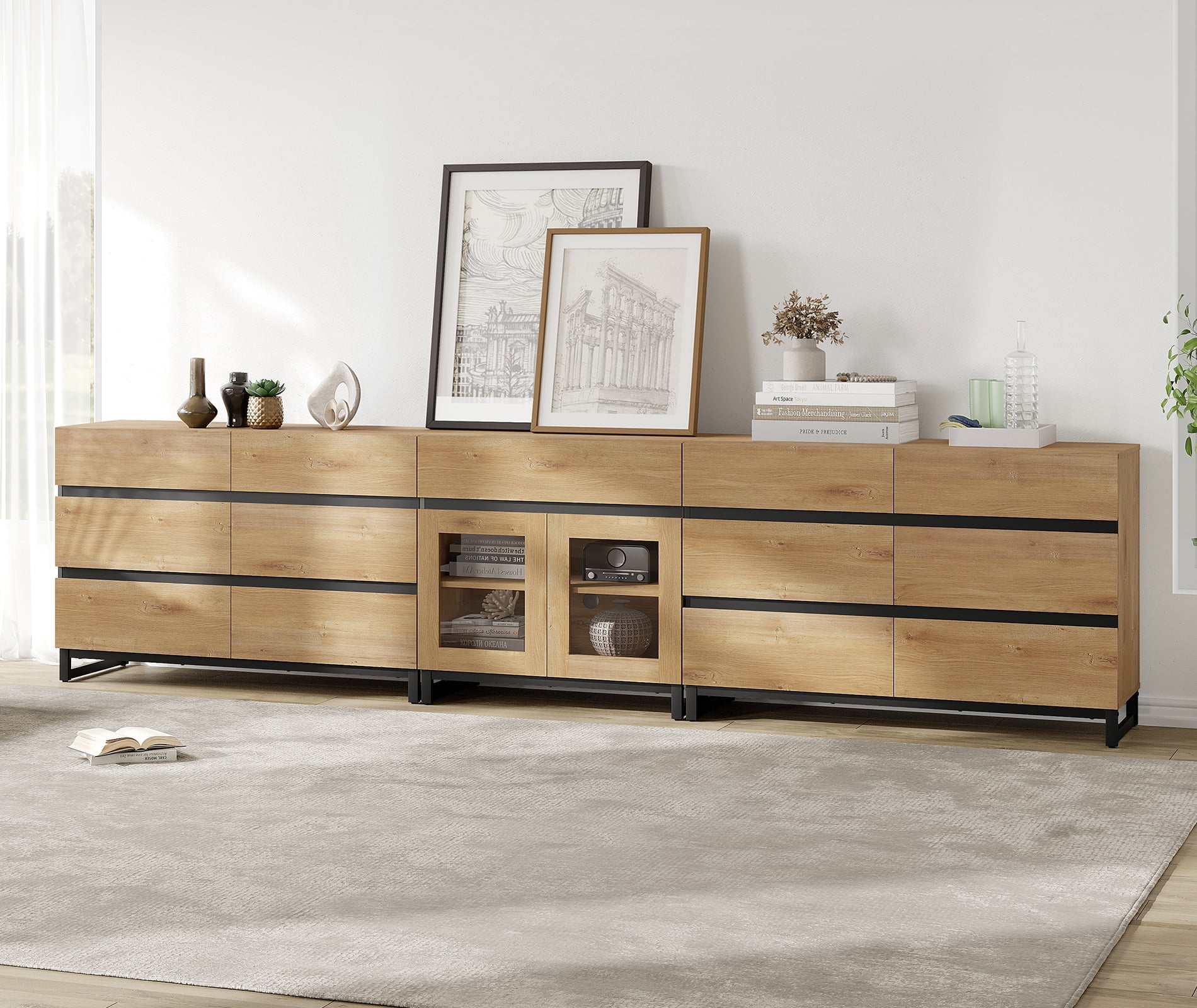 3 In 1 Multifunctional Chest of Drawers, Glass Door Dresser with 13 Drawers and Adjustable Shelves, Home Storage Cabinet Organizer for Bedroom,Oak