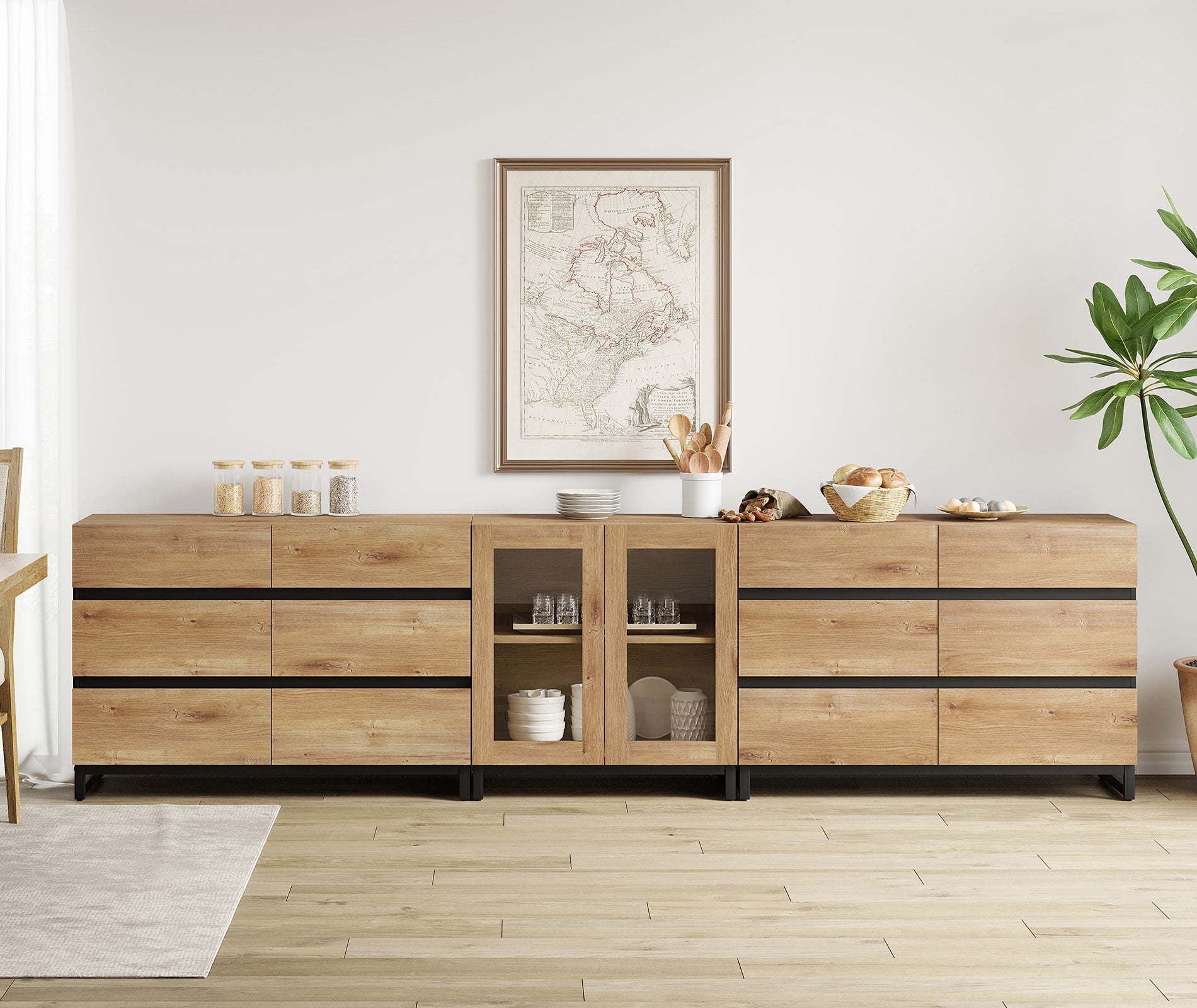 3-In-1 Multifunctional Sideboard Buffet with 12 Drawers, Modern Tempered Glass Door Credenza with Adjustable Shelf & Metal Base, Freestanding Coffee Bar Storage Cabinet for Kitchen Living Room