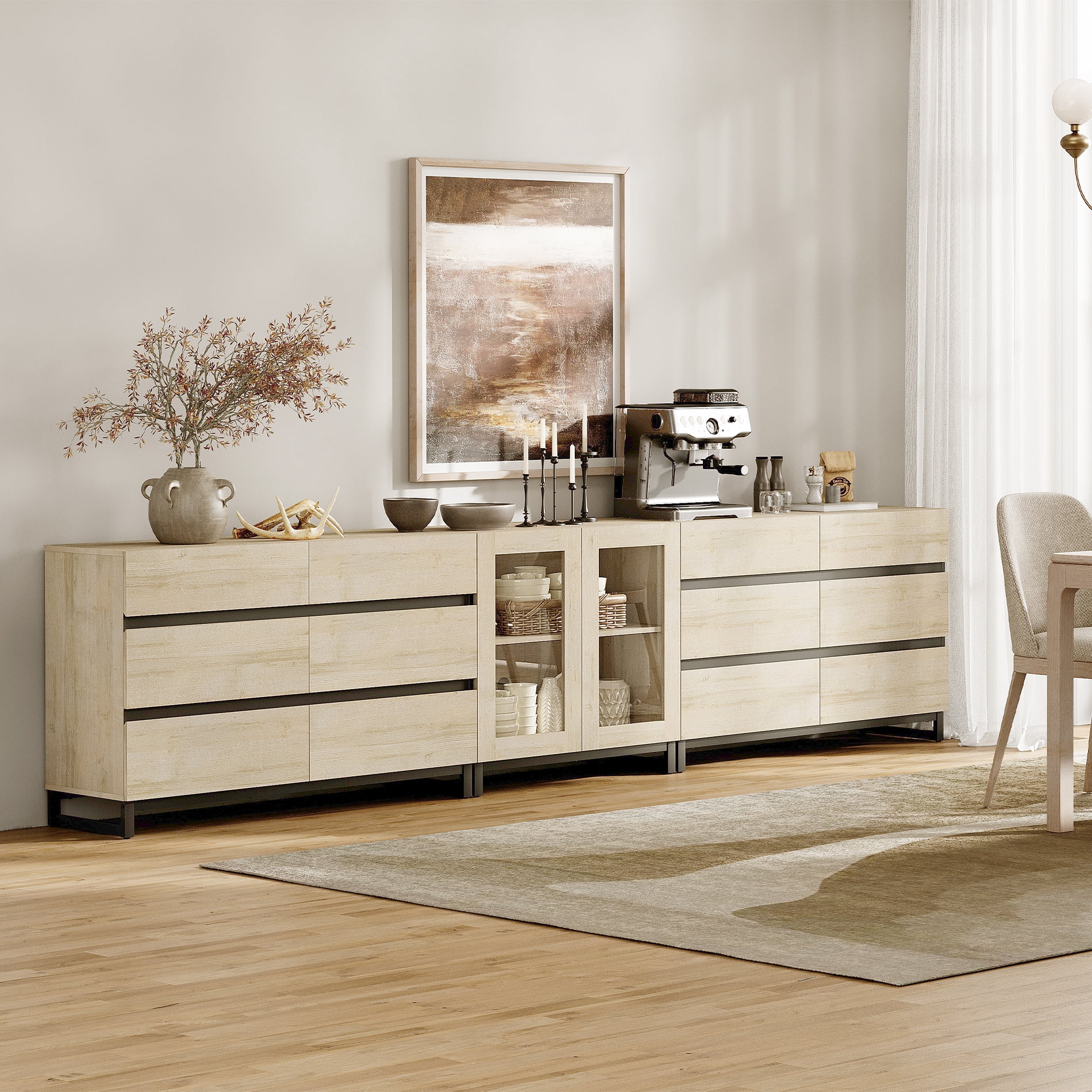 3-In-1 Multifunctional Sideboard Buffet with 12 Drawers, Modern Tempered Glass Door Credenza with Adjustable Shelf & Metal Base, Freestanding Coffee Bar Storage Cabinet for Kitchen Living Room