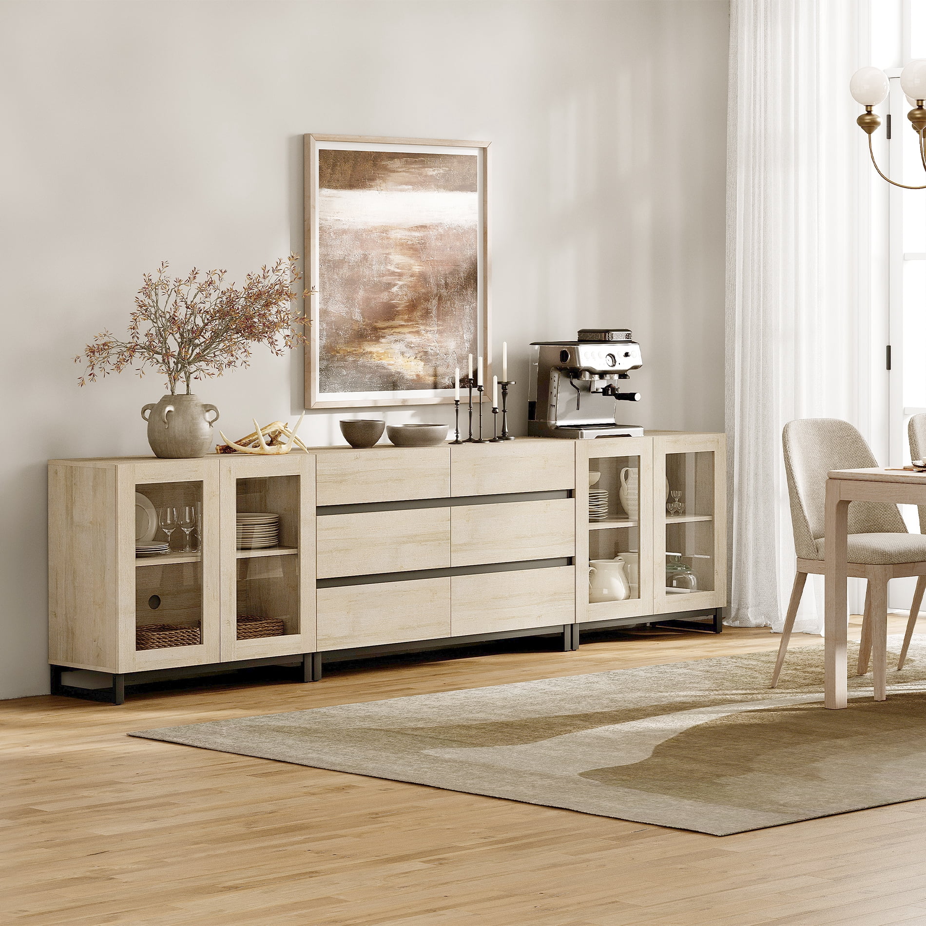 3 In 1 Multifunctional Sideboard Buffet Cabinets With Glass Doors And 6 Drawers, Modern Sideboard Credenza With Adjustable Shelf And Metal Base,Beige