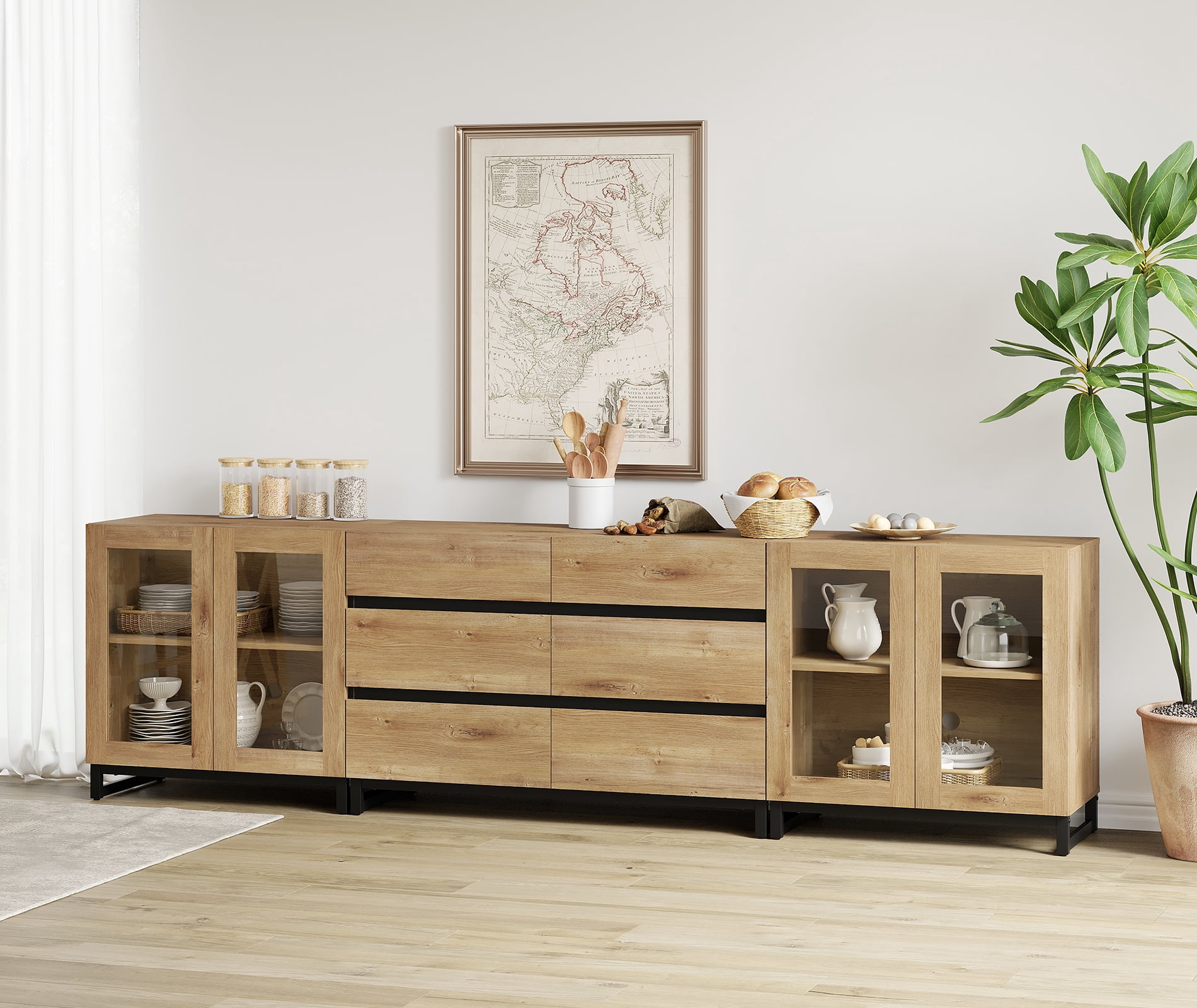 3 In 1 Multifunctional Sideboard Buffet Cabinets With Glass Doors And 6 Drawers, Modern Sideboard Credenza With Adjustable Shelf And Metal Base,Oak