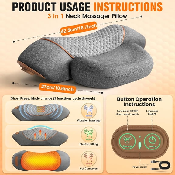 3-In-1 Neck Massager Pillow With Heat,Neck Pillow Massager For Pain Relief Deep Tissue,Thera Pillow Traction Massager,Neck Hump Corrector Massager Pillows For Neck,Ergonomic Neck Pillow For Sleeping