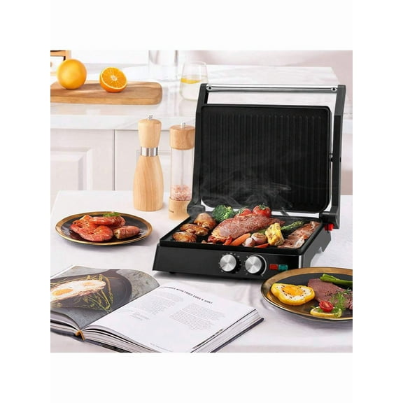 3-In-1 Nonstick Panini Press & Indoor Grill, Opens 180-Degree Gourmet Sandwich Maker, Floating Hinge Fits All Foods, Contact Grill With Removable Grease Tray, Stainless Steel
