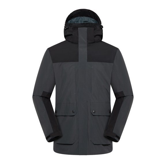 3-In-1 Outdoor Jackets For Men Hooded Full Zip Color Block Detachable Lined Coat Hiking Cargo Outwear With Pockets (XXL, Dark Gray)