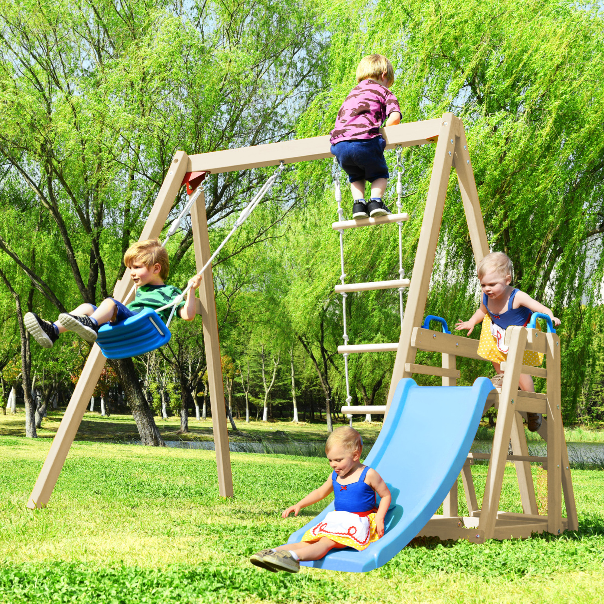 3 In 1 Outdoor Swing Set Swing Set With Slide And Climbing Rope Ladders 