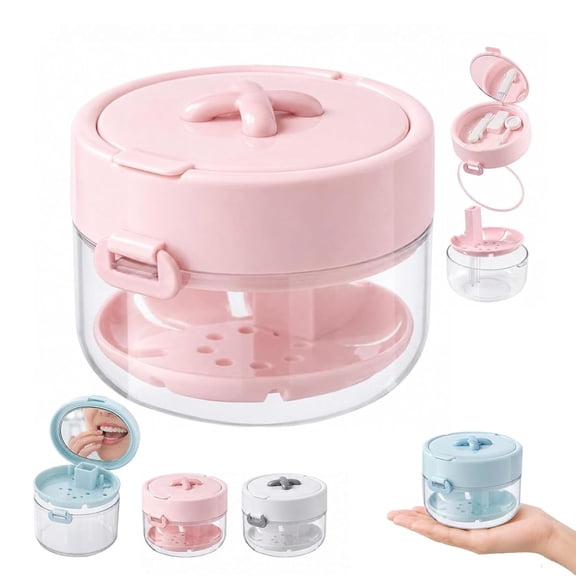 3-In-1 Retainer Case With Mirror & Cleaning Brush, All-In-One Retainer Storage Case, Portable Aligner Storage Box With Mirror Cleaning Brush Drain Tray(Pink)