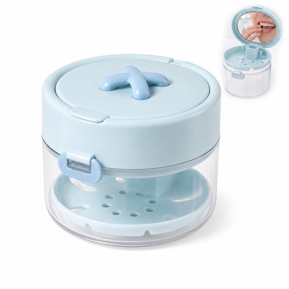 3-In-1 Retainer Case with Mirror & Cleaning Brush, Portable Retainer Storage Box with Cleaning Basket, Travel Organizer Container for Aligners, Dentures & Daily Care