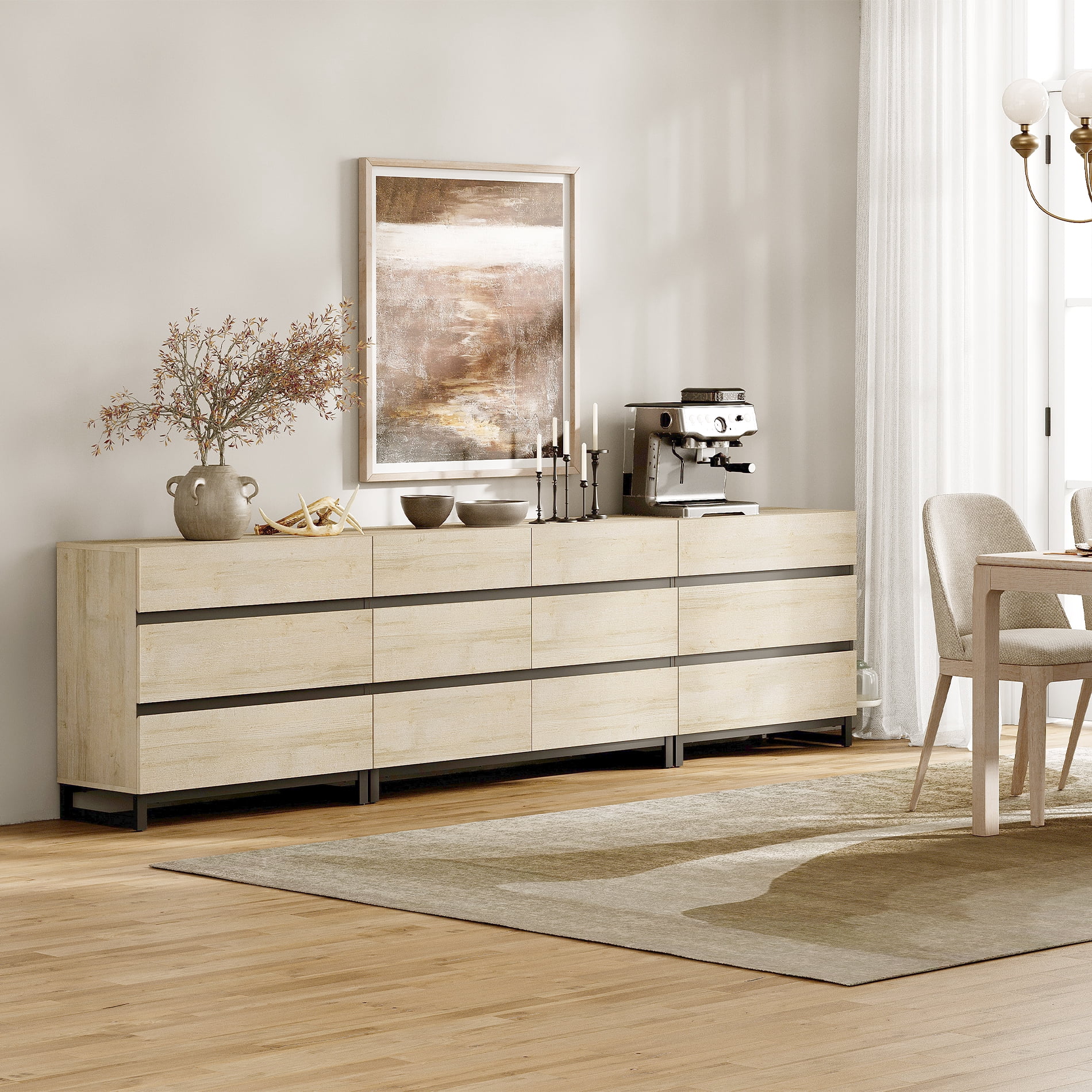 3 In 1 Sideboard Buffet Cabinets With 12 Drawers, Modern Sideboard Credenza With Metal Base, Coffee Bar Cabinet Storage Cabinet,Beige