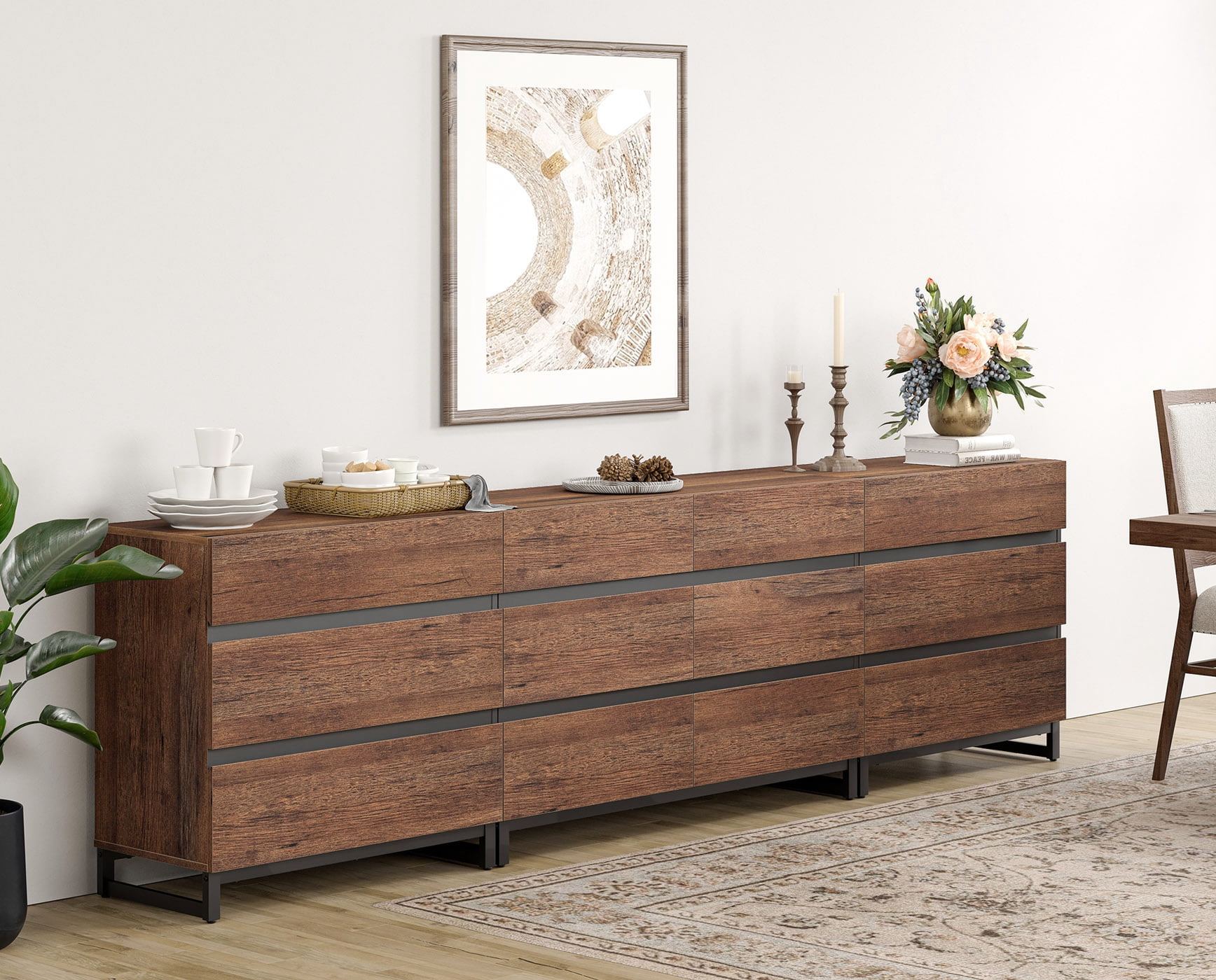 3 In 1 Sideboard Buffet Cabinets With 12 Drawers, Modern Sideboard Credenza With Metal Base, Coffee Bar Cabinet Storage Cabinet,Brown