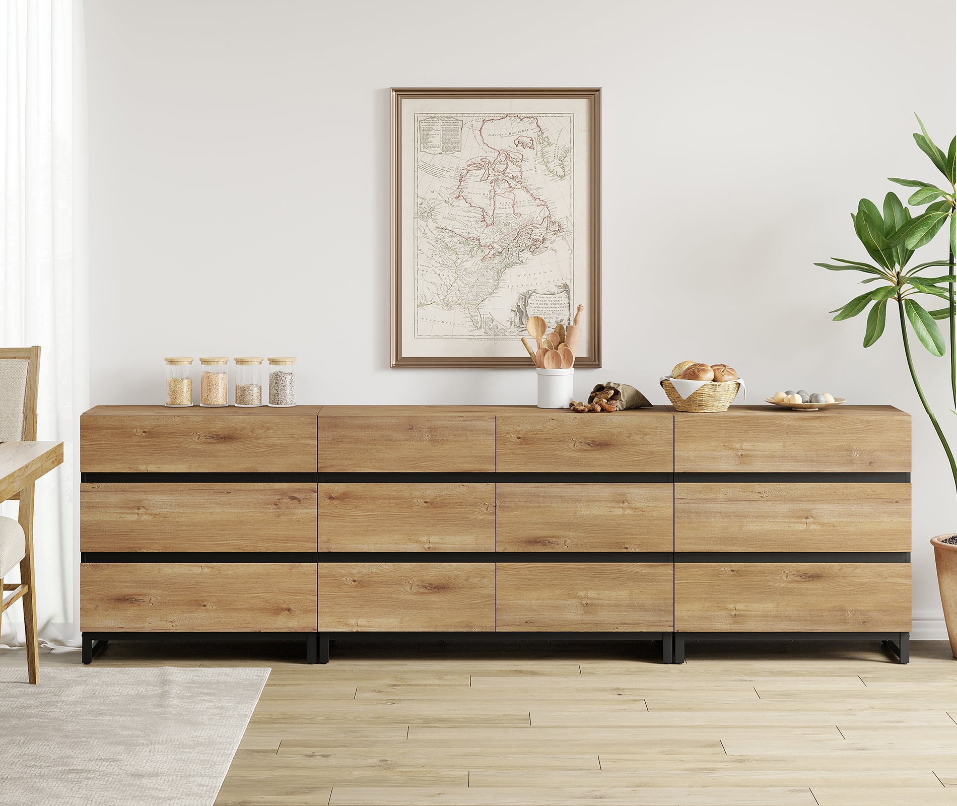 3 In 1 Sideboard Buffet Cabinets With 12 Drawers, Modern Sideboard Credenza With Metal Base, Coffee Bar Cabinet Storage Cabinet,Oak