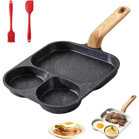 3-In-1 Split Non-Stick Pan, Multi-Function 3-Compartment Non-Stick Pan | 3 Section Divided Cooking Pan with Heat Resistant Handle, Deepened Groove