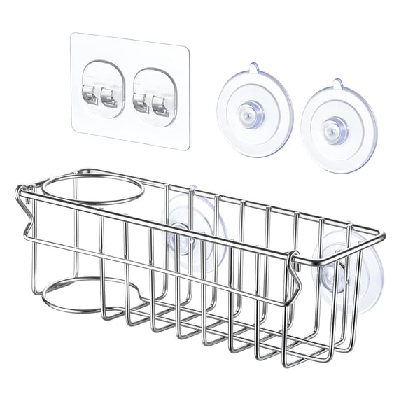 3-In-1 Sponge Holder for Kitchen Sink with Suction Cups & Adhesive Hook, In-sink Sponge Holder, Wall Hanging Sink Caddy Organizer Rack - Sponge, Dish Cloth, Brush, Scrubber - 304 Stainless Steel