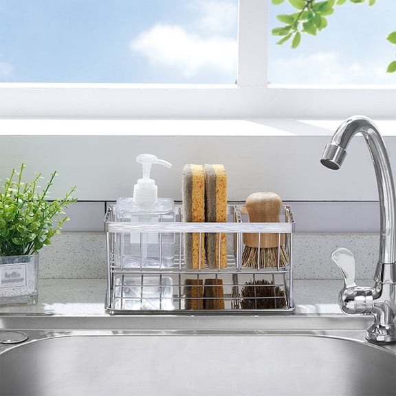 3-In-1 Sponge Holder for Kitchen Sink with Suction Cups & Adhesive Hook, In-sink Sponge Holder, Wall Hanging Sink Caddy Organizer Rack - Sponge, Dish Cloth, Brush, Scrubber - 304 Stainless Steel