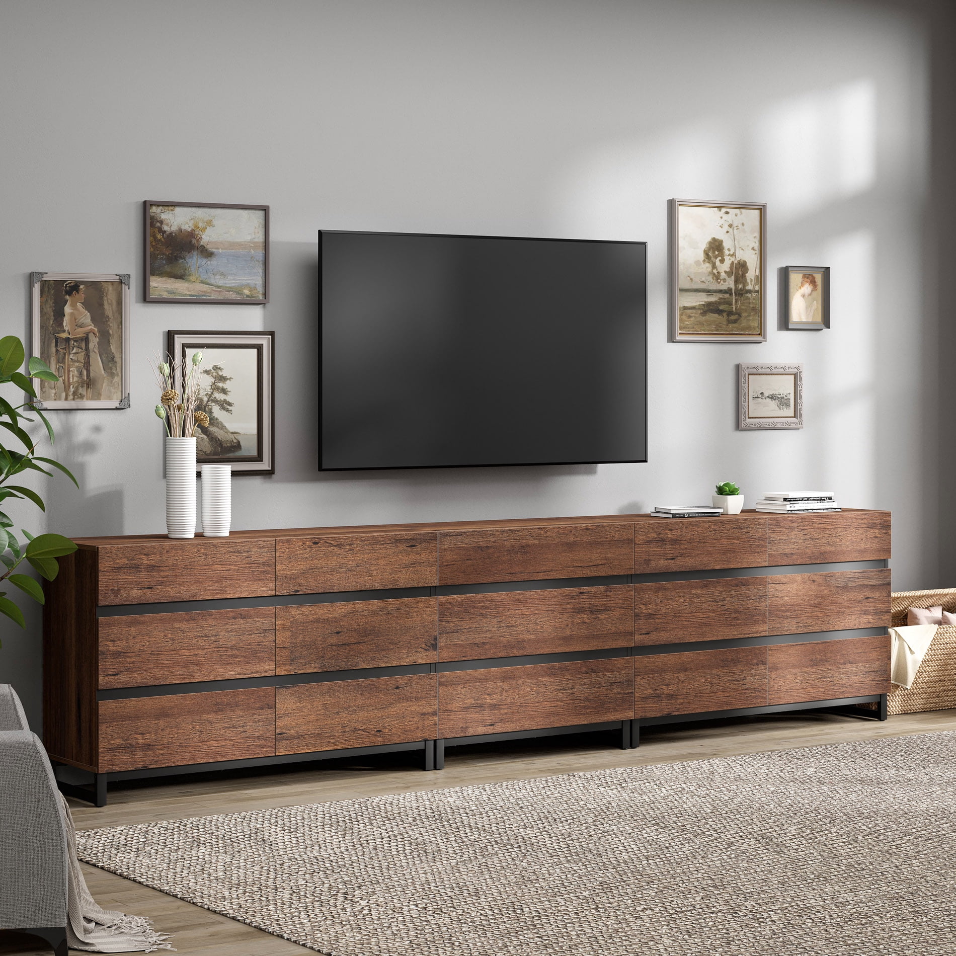 3 In 1 TV Stand For, Modern TV Console With 15 Drawers, Media Console With Adjustable Shelf For Living Room, Bedroom,Brown