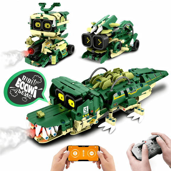 3 In 1 Transformable Crocodile Building Block Toy, Remote & APP Controlled STEM Robot Building Kit, Creative Birthday Gift