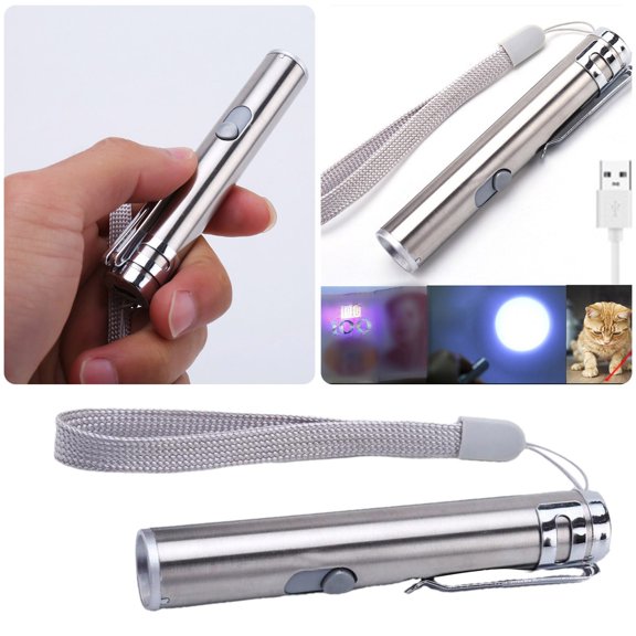 3-In-1 Usb Rechargeable Stainless Steel Pen Light Led & Flashlight Pointer &Uv Money Checker For Outdoor Camping Pet Play And Banknote Verification(Silver-9Cm)