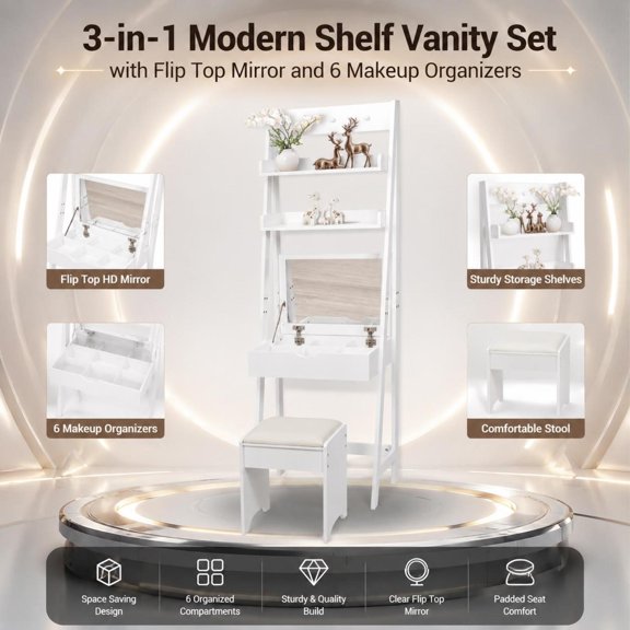 3-In-1 Vanity Set with Flip Top Mirror, 6 Makeup Organizers, Stool