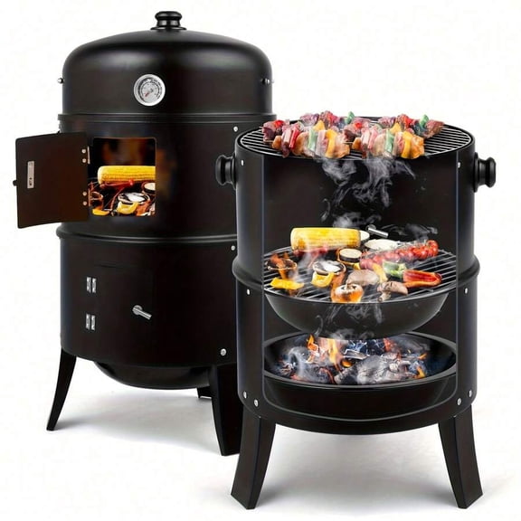 3-In-1 Vertical Steel Charcoal Smoker, BBQ Smoker Grill With Built-In Thermometer, Air Vent, And 2 Access Doors, Ideal For Parties, Backyard Barbecues & Outdoor Cooking