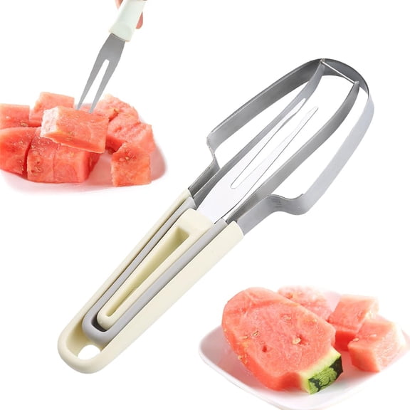 3-In-1 Watermelon Cutter Slicer, 2024 New Stainless Steel Watermelon Popsicle Cutter Slicer Tool Watermelon Fork Slicer Cutter, Watermelon Knife Fruit Cutter Melon Cutter for Camping (1, Beige)