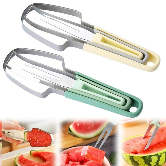 3-In-1 Watermelon Fork Slicer Cutter,New Stainless Steel Watermelon Popsicle Slicer Tool,Portability Watermelon Knife Fruit Cutter for Camping Kitchen Gadgets (Green)