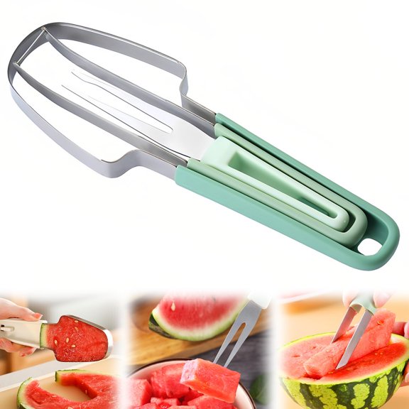 3-In-1 Watermelon Fork Slicer Cutter,New Stainless Steel Watermelon Popsicle Slicer Tool,Portability Watermelon Knife Fruit Cutter for Camping Kitchen Gadgets (Green)