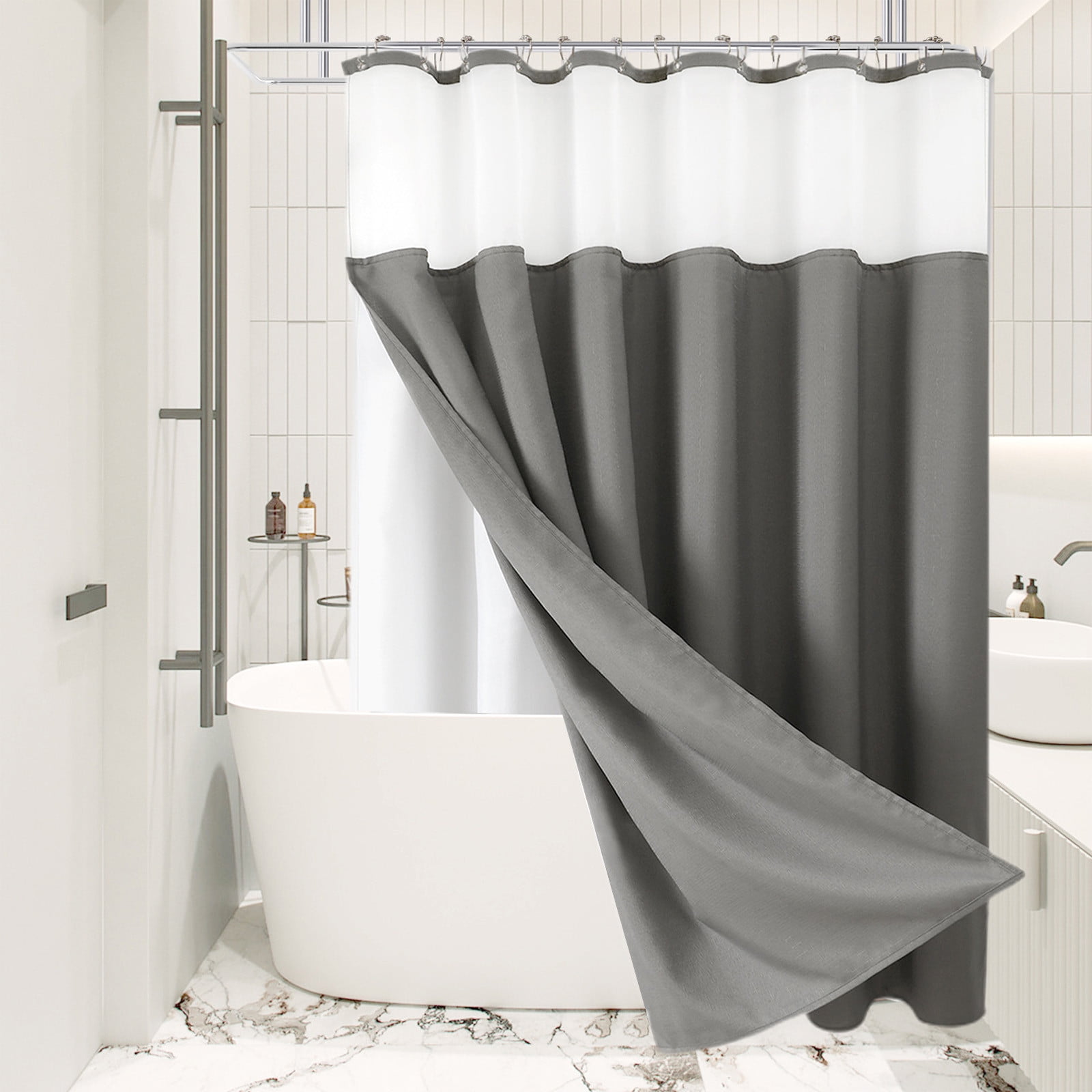 3 In 1 Weave Shower Curtain And Clear Liner Set With 12 Stainless Steel ...