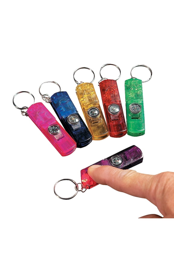 3 In 1 Whistle & Compass Light Key Chain - Party Wear - 12 Pieces