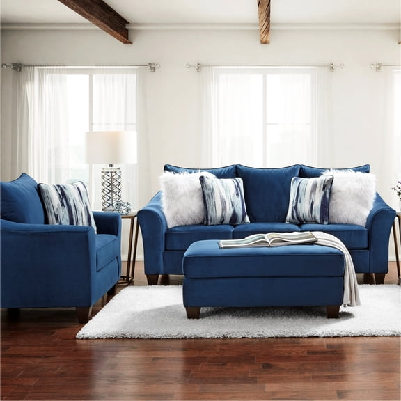 3 In Navy Blue - Fabric, Slightly Rolled Arms, Medium-soft Seat Plushness Upholstery, Textured Hardwood Frame