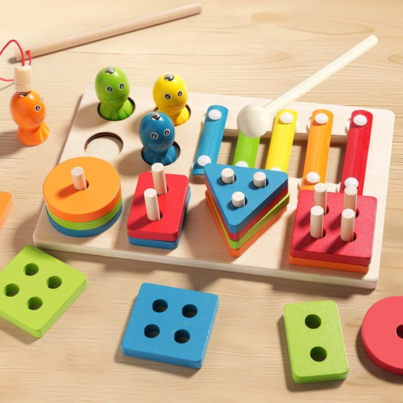 3-In-One Wooden Early Education Puzzle Plaything, Multifunctional Stacking Game, Piano Fishing Logical Thinking Training Plaything, Interactive Educational Gift for Learning & Parent-Game