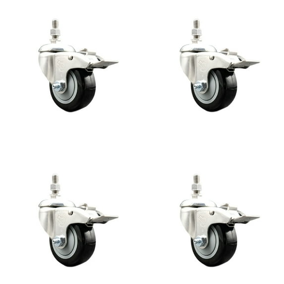 3 Inch 316SS Black Polyurethane Wheel Swivel 3/8 Inch Stem Caster Set Lock Brake