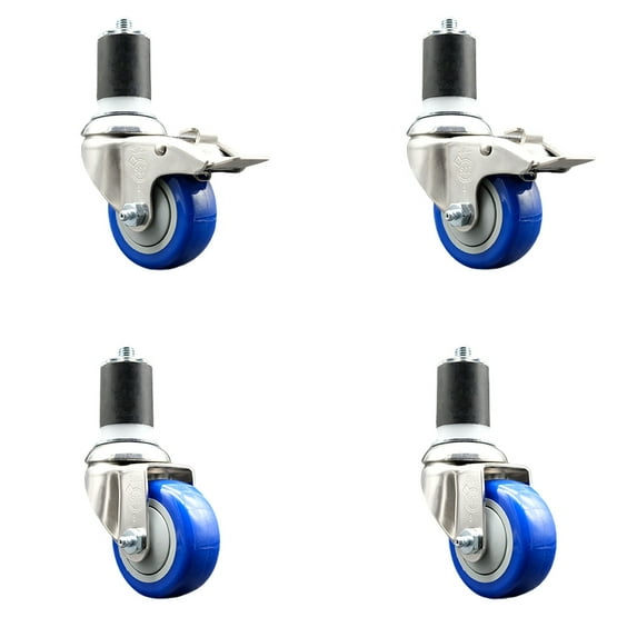 3 Inch 316SS Blue Poly Swivel 1-3/4 Inch Expanding Stem Caster Set 2 Lock Brake