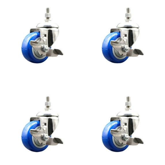 3 Inch 316SS Blue Polyurethane Swivel 10mm Threaded Stem Caster Set Brake