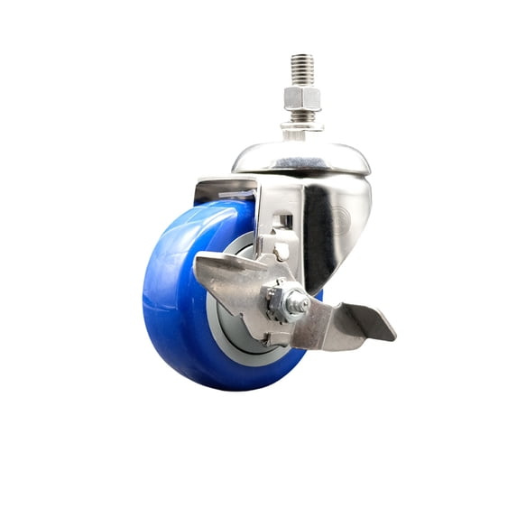 3 Inch 316SS Blue Polyurethane Swivel 12mm Threaded Stem Caster with Brake