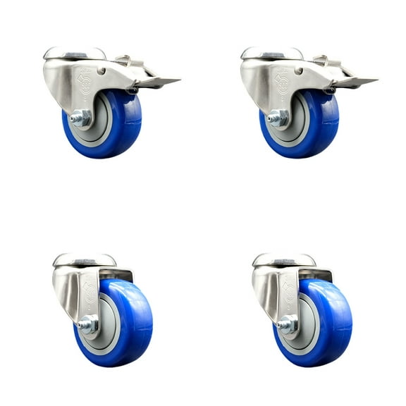3 Inch 316SS Blue Polyurethane Swivel Bolt Hole Caster Set with 2 Lock Brake