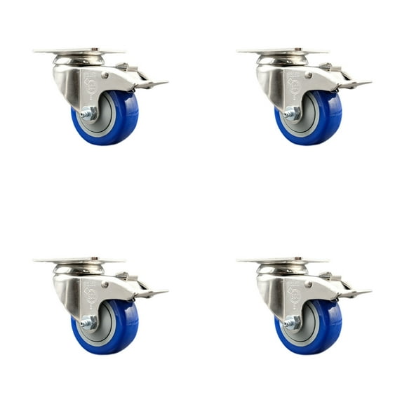 3 Inch 316SS Blue Polyurethane Swivel Top Plate Caster Set Total Lock Brake SCC