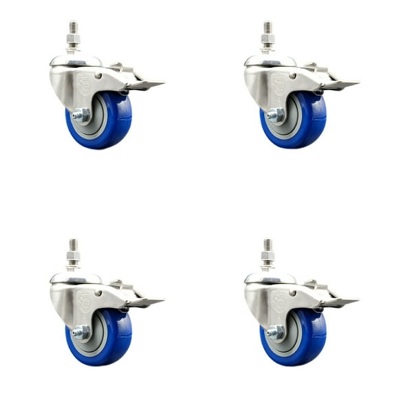 3 Inch 316SS Blue Polyurethane Wheel Swivel ½ Inch Stem Caster Set Lock Brake