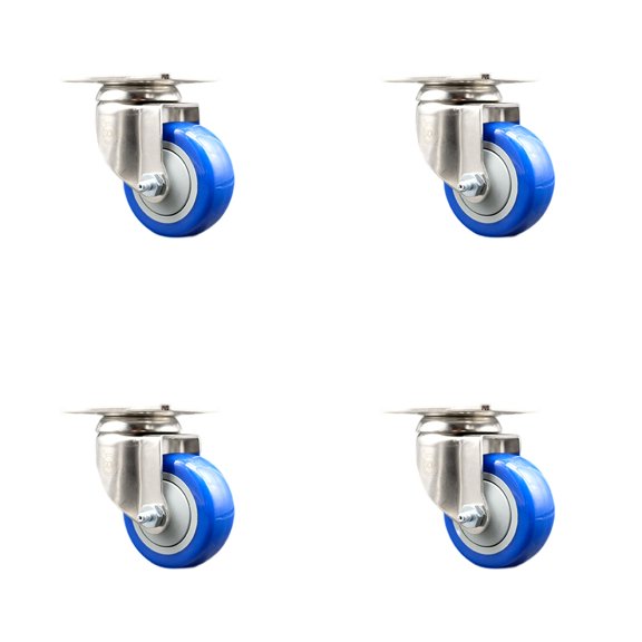 3 Inch 316SS Blue Polyurethane Wheel Swivel Top Plate Caster Set Service Caster