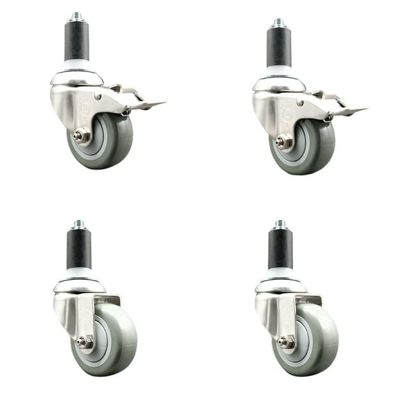 3 Inch 316SS Gray Poly Swivel 1-3/8 Inch Expanding Stem Caster Set 2 Lock Brake
