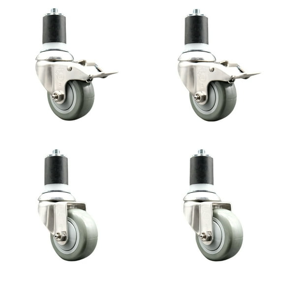 3 Inch 316SS Gray Poly Swivel 1-7/8 Inch Expanding Stem Caster Set 2 Lock Brake